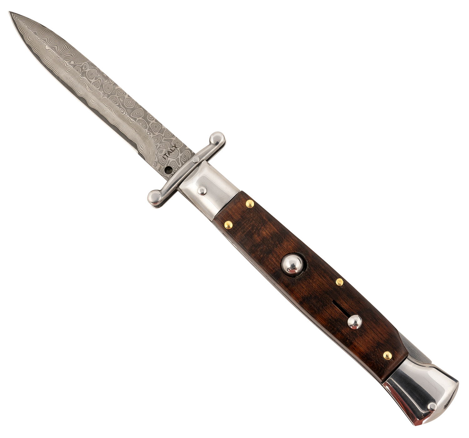 Steel River Knives SGSWRDAM Spartan 3.9" Italian Bayonet Damascus 5.1" Snakewood Buffalo Horn Handle Side Open 3 Steel River Knives SGSWRDAM Spartan 3.9" Italian Bayonet Damascus 5.1" Snakewood Buffalo Horn Handle Side Open