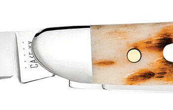 Case 00045 Peanut  2.10"/1.53" Folding Clip Point/Pen Plain Mirror Polished Tru-Sharp SS Blade, Peach Seed Jigged Amber Jigged Bone Handle