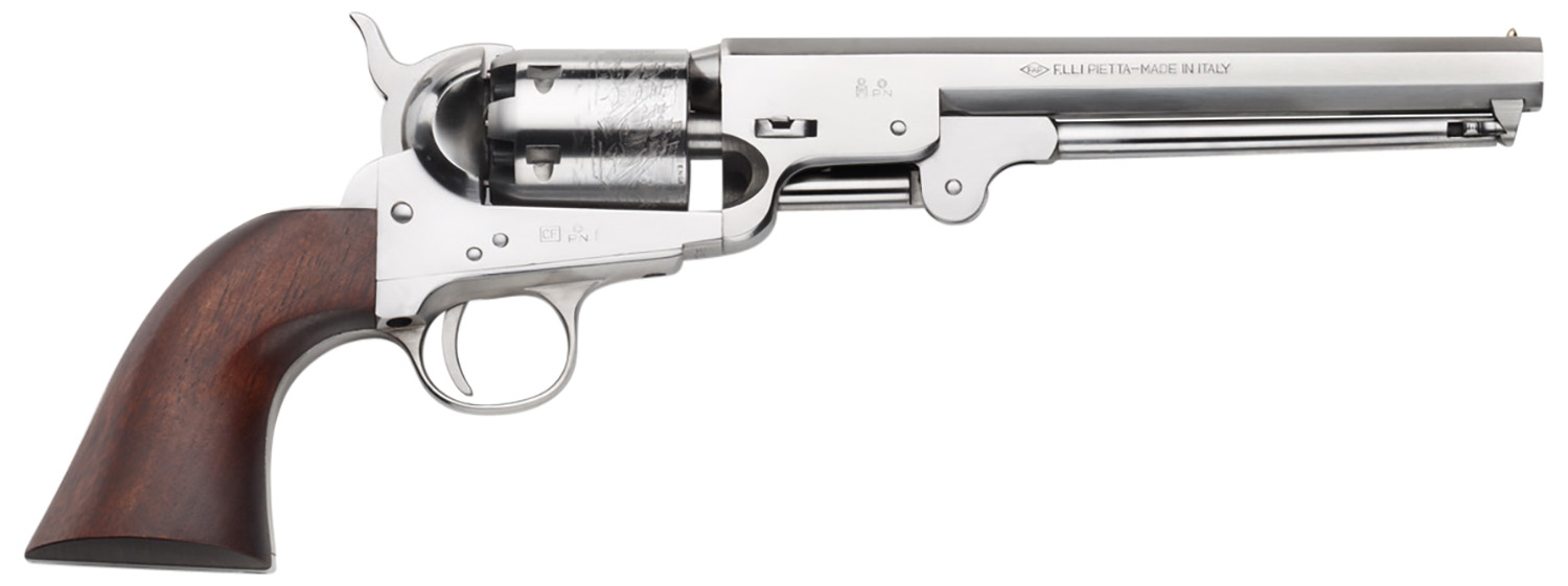 Pietta PF51OS36712 1851 Navy "Old Silver" 36 Cal 7.50" 6rd Old Silver Frame, & Octagon Barrel, Walnut Grip 2 Pietta PF51OS36712 1851 Navy "Old Silver" 36 Cal 7.50" 6rd Old Silver Frame, & Octagon Barrel, Walnut Grip