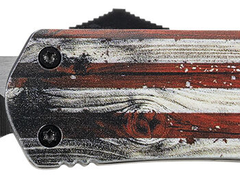 Templar Knife LWUS231 Gen II Wood US Flag Large 3.50" OTF Tanto Plain Black Oxide Stonewashed 440C SS Blade, 5.25" Painted Wood Grain US Flag Aluminum Handle, Glass Breaker