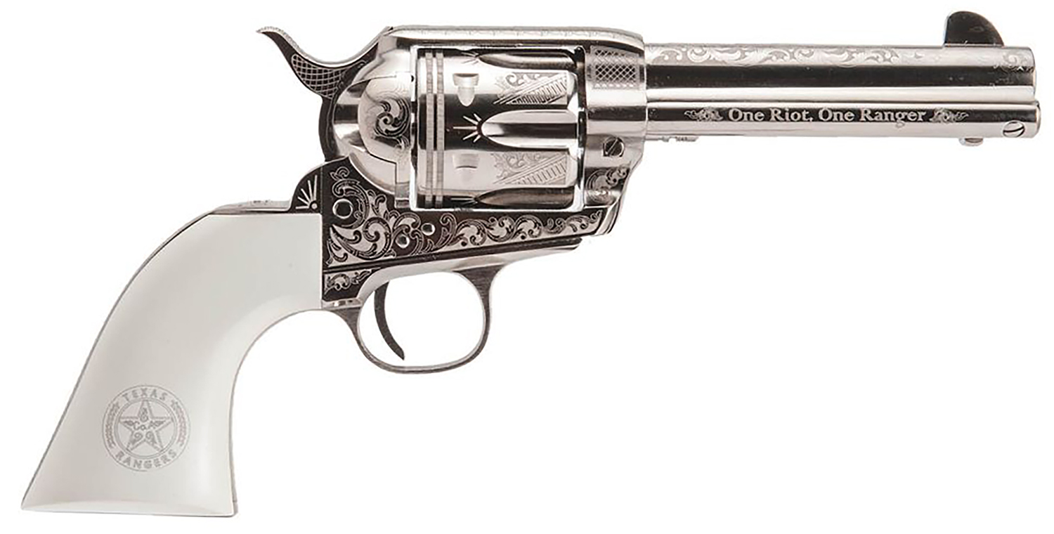 Cimarron PP410LNTXR Frontier Texas Ranger 45 Colt (LC) 6 Shot, 4.75" Engraved Nickel-Plated Steel Barrel, Cylinder & Frame, Engraved "One Riot, One Ranger" Ejector Rod, White Polymer Grip 3 Cimarron PP410LNTXR Frontier Texas Ranger 45 Colt (LC) 6 Shot, 4.75" Engraved Nickel-Plated Steel Barrel, Cylinder & Frame, Engraved "One Riot, One Ranger" Ejector Rod, White Polymer Grip