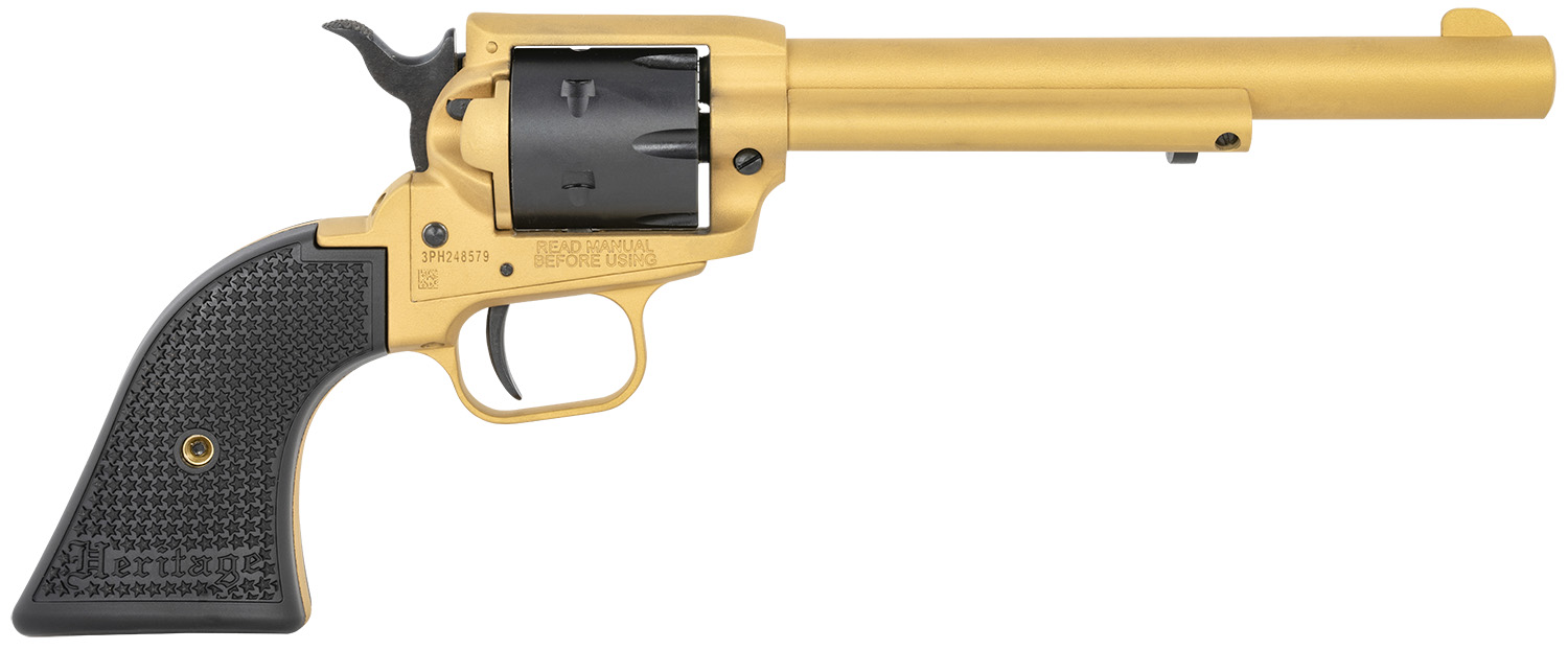 Heritage Mfg RR22S6 Rough Rider 22 LR 6 6.50", Gold Cerakote Barrel, Black Satin Cylinder, Gold Cerakote Steel Frame, Black Polymer Grips Features Black Accents 3 Heritage Mfg RR22S6 Rough Rider 22 LR 6 6.50", Gold Cerakote Barrel, Black Satin Cylinder, Gold Cerakote Steel Frame, Black Polymer Grips Features Black Accents