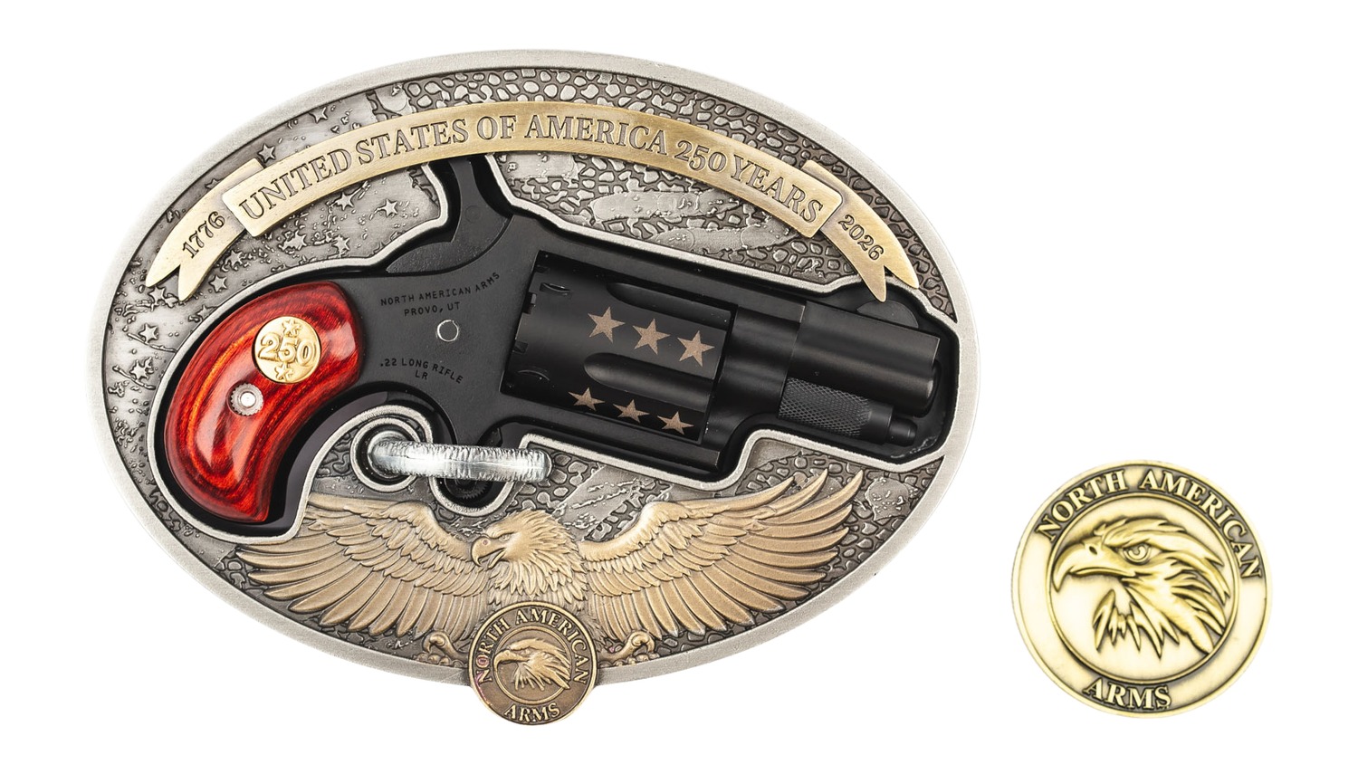 North American Arms 22LRBBO250 Mini-Revolver USA 250th Mini 22 LR 5 Shot 1.13" Black Cerakote Barrel, Black Cerakote w/Bronze Stars Cylinder, Black Cerakote Stainless Steel Frame, Rosewood Birds Head 3 North American Arms 22LRBBO250 Mini-Revolver USA 250th Mini 22 LR 5 Shot 1.13" Black Cerakote Barrel, Black Cerakote w/Bronze Stars Cylinder, Black Cerakote Stainless Steel Frame, Rosewood Birds Head