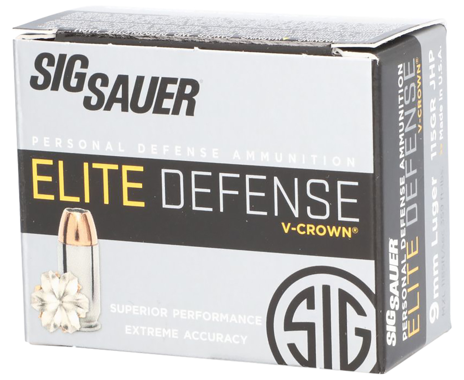 Sig Sauer E9MMA120 Elite Performance 9mmLuger 115gr V-Crown Jacketed Hollow Point 20 Per Box/10 Case 3 Sig Sauer E9MMA120 Elite Performance 9mmLuger 115gr V-Crown Jacketed Hollow Point 20 Per Box/10 Case