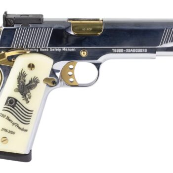 Girsan 391096 MC1911 USA 250th 45 ACP 8+1 5" Polished Chrome Stainless Steel Serrated Slide & Frame w/Beavertail, Eagle w/Flag Grip