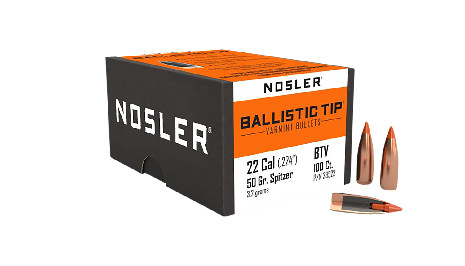 Nosler 39522 Ballistic Tip 22Cal 50gr Spitzer Point 100/Box 3 Nosler 39522 Ballistic Tip 22Cal 50gr Spitzer Point 100/Box