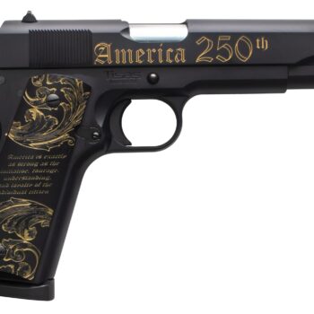 Tisas Arms 10100518US250 1911 America's 250th Full Size 45 ACP 7+1 5" Stainless Barrel, Black w/Gold Engraving Steel Serrated Slide, Black w/Gold Engraving Steel Frame w/Beavertail, Black w/Gold Accen