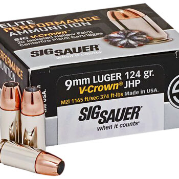 Sig Sauer E9MMA220 Elite Performance  9mmLuger 124gr V-Crown Jacketed Hollow Point 20 Per Box/10 Case