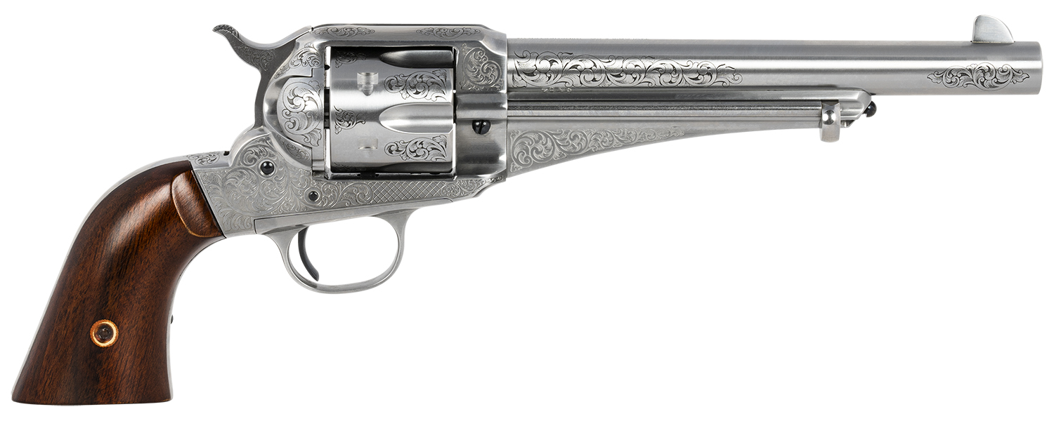 Taylors & Company 550389 1875 Army Outlaw 45 Colt (LC) Caliber with 7.50" Barrel, 6rd Capacity Cylinder, Overall White Engraved Finish Steel & Walnut Grip 3 Taylors & Company 550389 1875 Army Outlaw 45 Colt (LC) Caliber with 7.50" Barrel, 6rd Capacity Cylinder, Overall White Engraved Finish Steel & Walnut Grip
