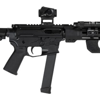 Shark Coast Tactical SCC06704SPBO9-D Sneeky Pete Deluxe w/Optic 9mm Luger 30+1 5.50" Black Melonite Threaded Barrel, Black Cerakote Receiver, SB Tactical SBA3 Brace, Vortex Crossfire Red Dot, Streamli