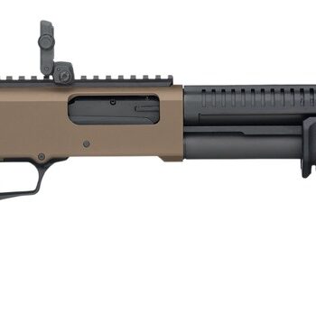 Mossberg 50233 590R  12 Gauge Pump 3" 6+1 18.50" Black Parkerized Integrated Heat Shield Barrel, Flat Dark Earth Cerakote Receiver w/Picatinny Rail, Black Chisel Folding Synthetic Stock, Black Magpul